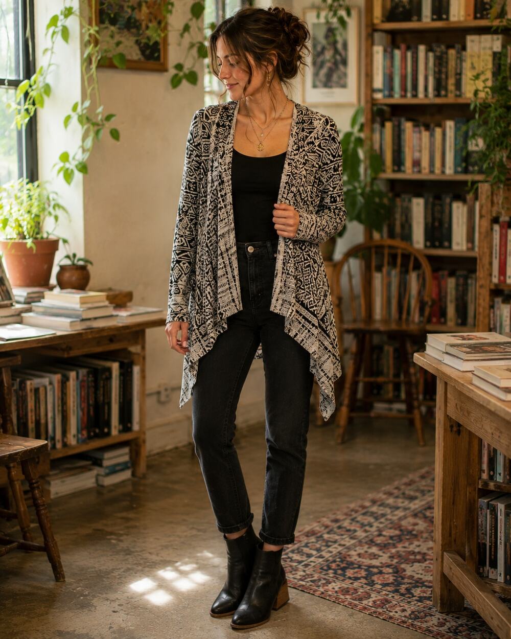 Anthropologie Tiny Black White Geo Longline Cardigan Small Boho Drape Knit